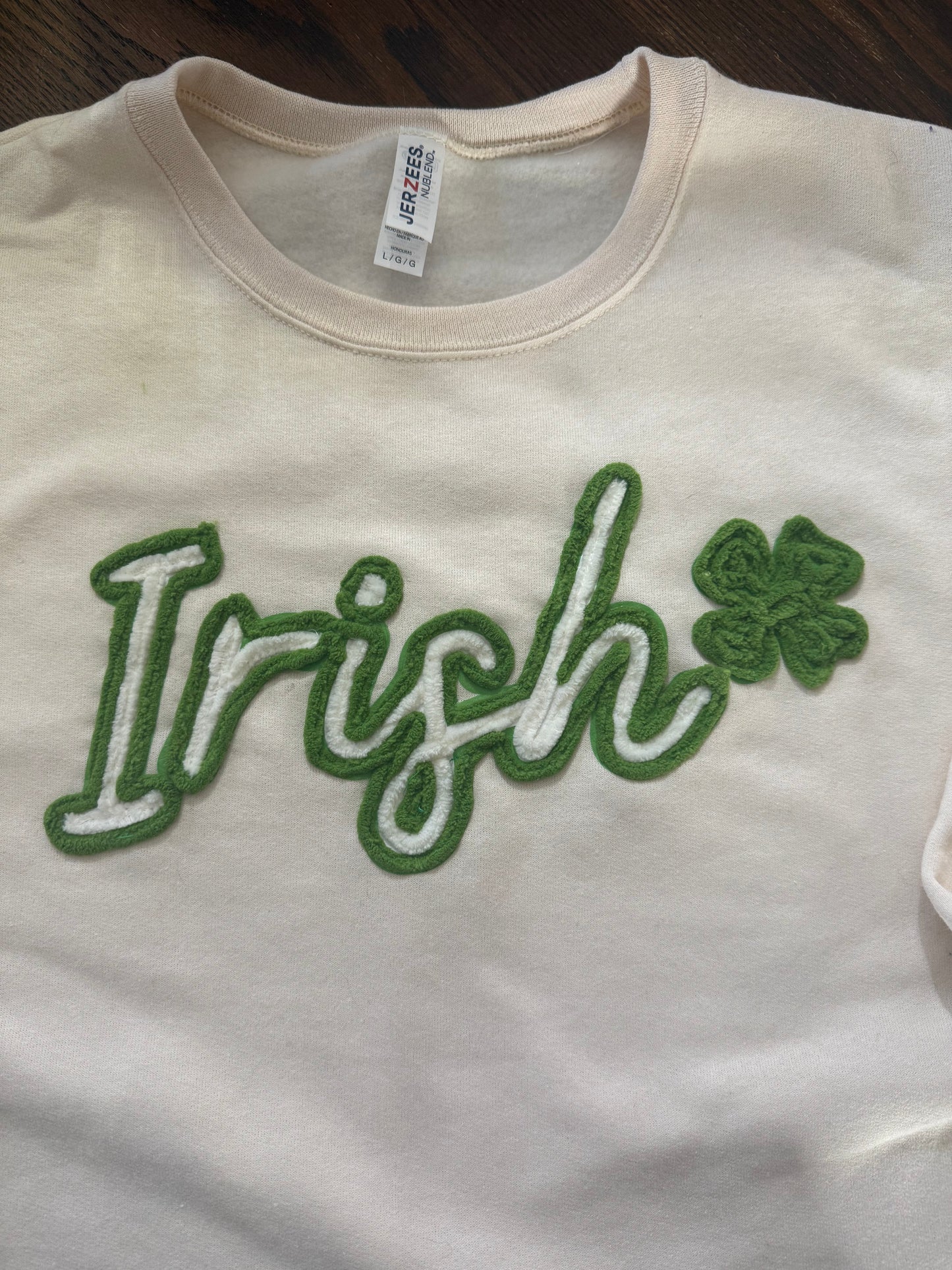 Chenille stitched Irish crewneck