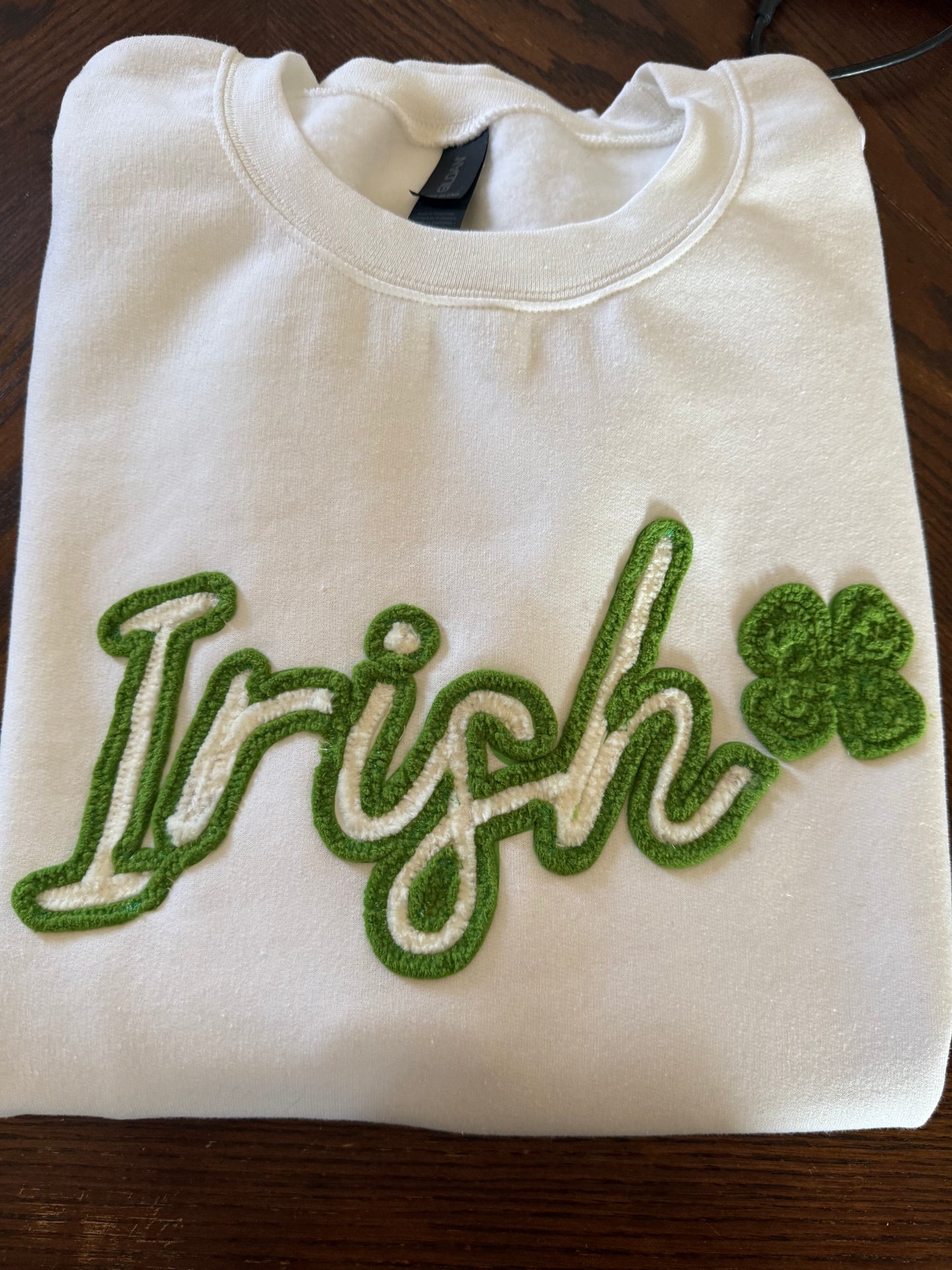 Chenille stitched Irish crewneck