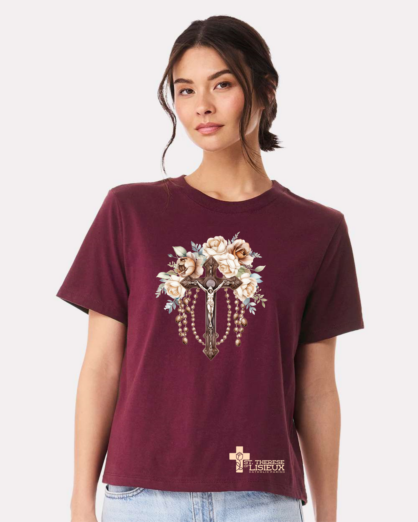 Women's Cut Tee: Crucifix with Roses